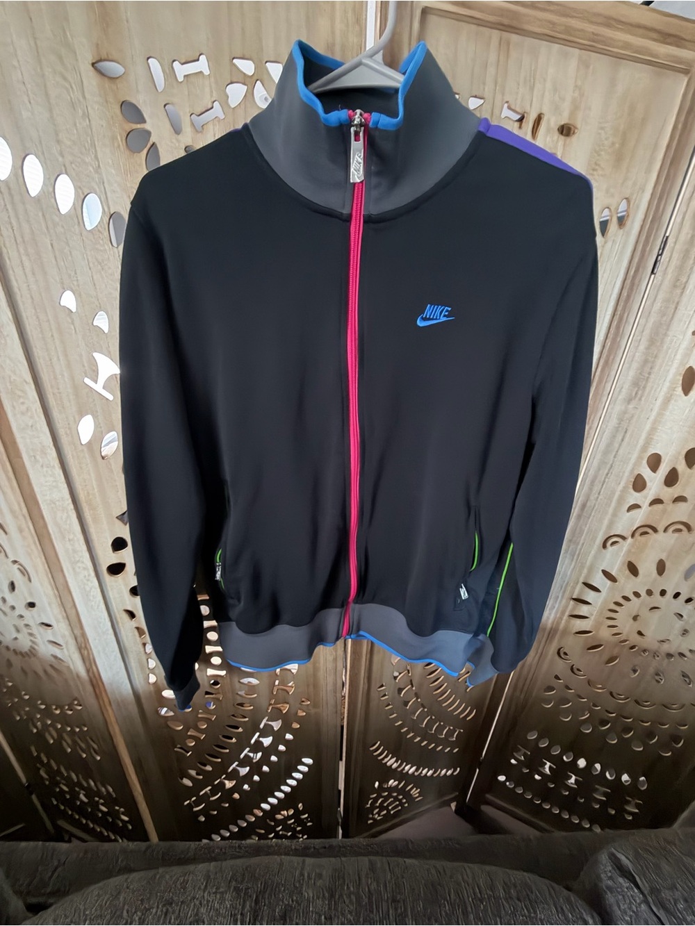 Nike Black Track Jacket with Blue Logo and Pink Zipper